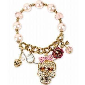 Betsey Johnson Crystal Skull Glitter Flower Multi Charm Pearl Stretch Bracelet